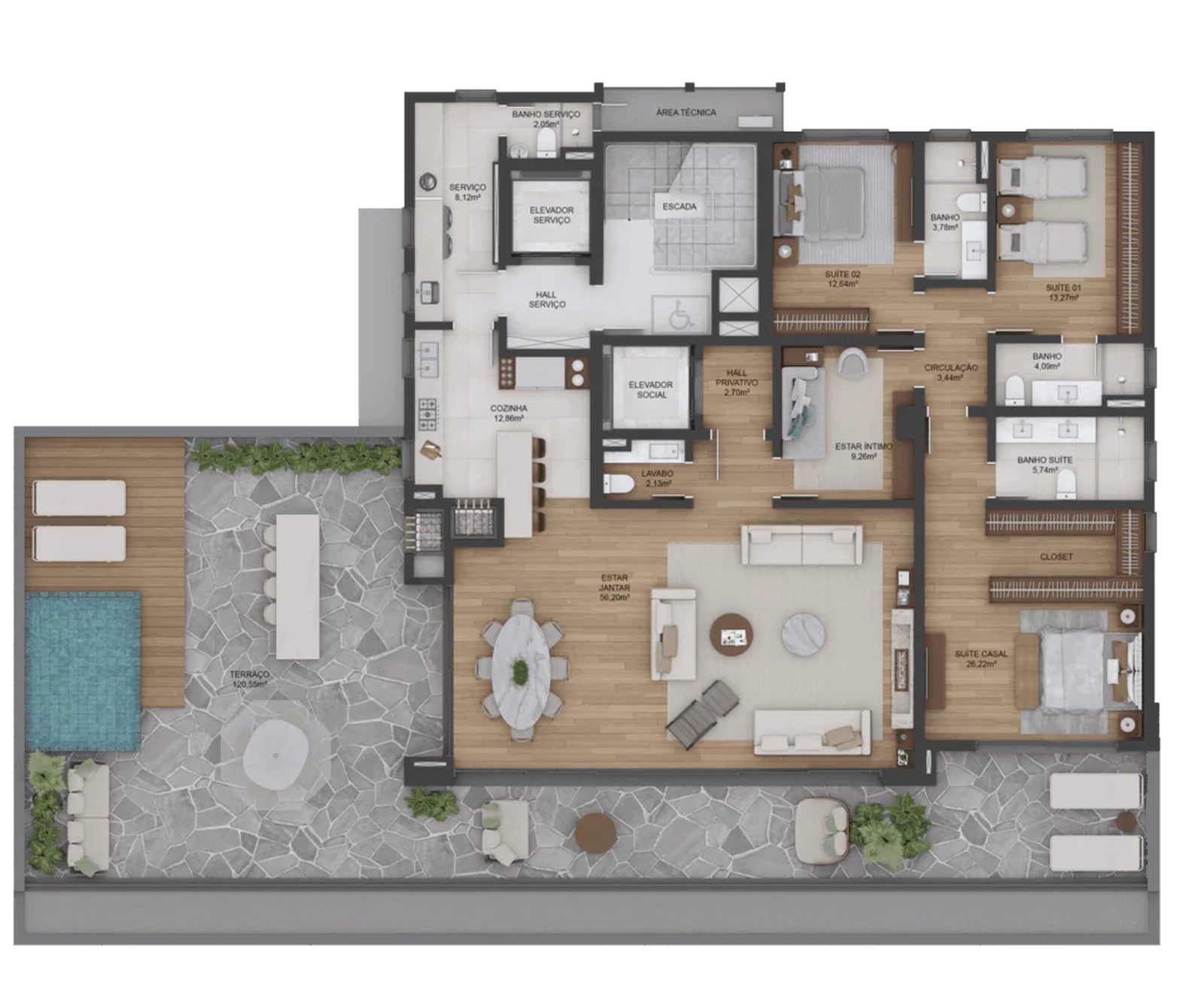 Planta baixa do Apartamento Garden, 329,24 m², 3 suítes
