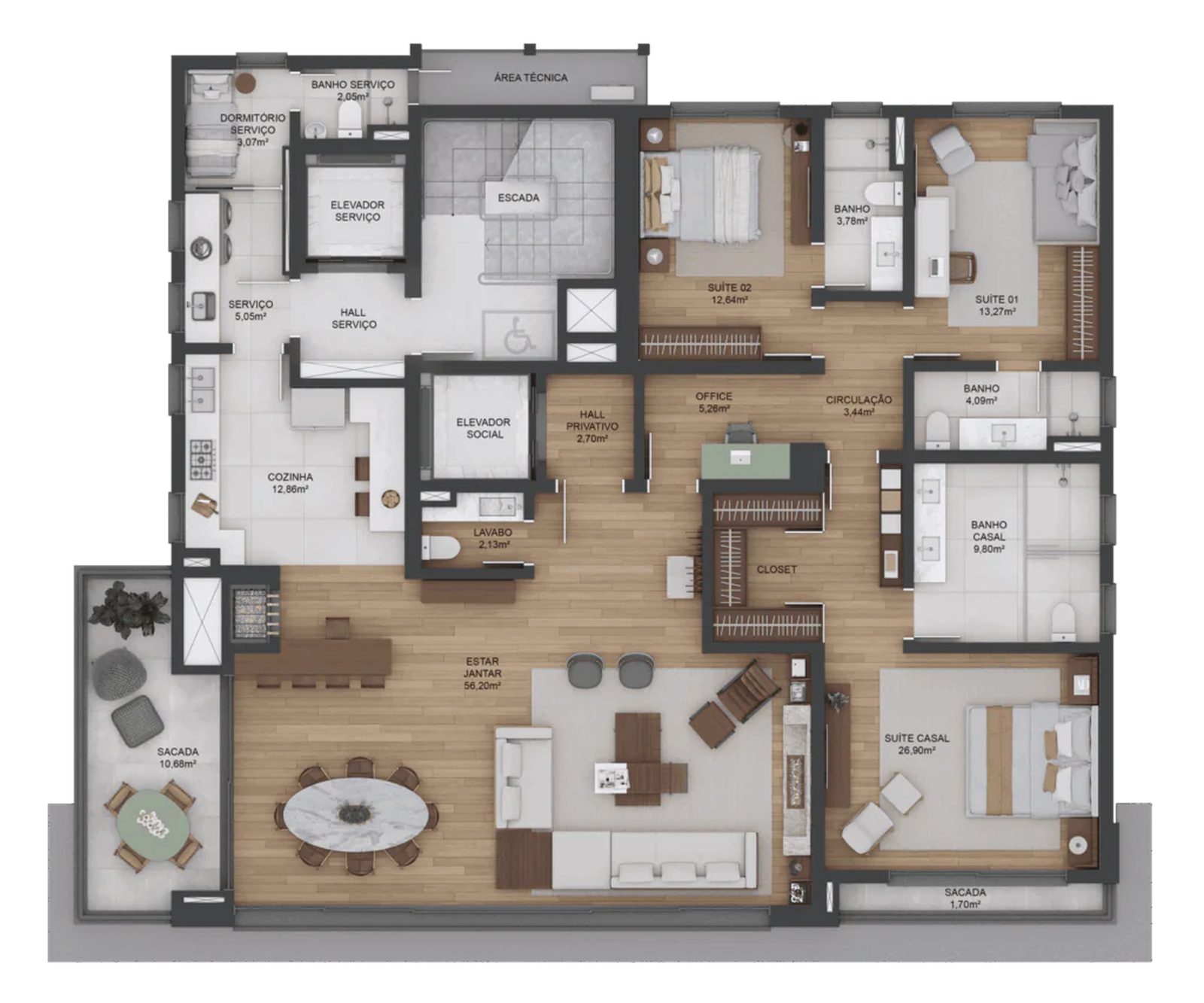 Planta baixa do Apartamento Tipo, 214,81 m², 3 suítes