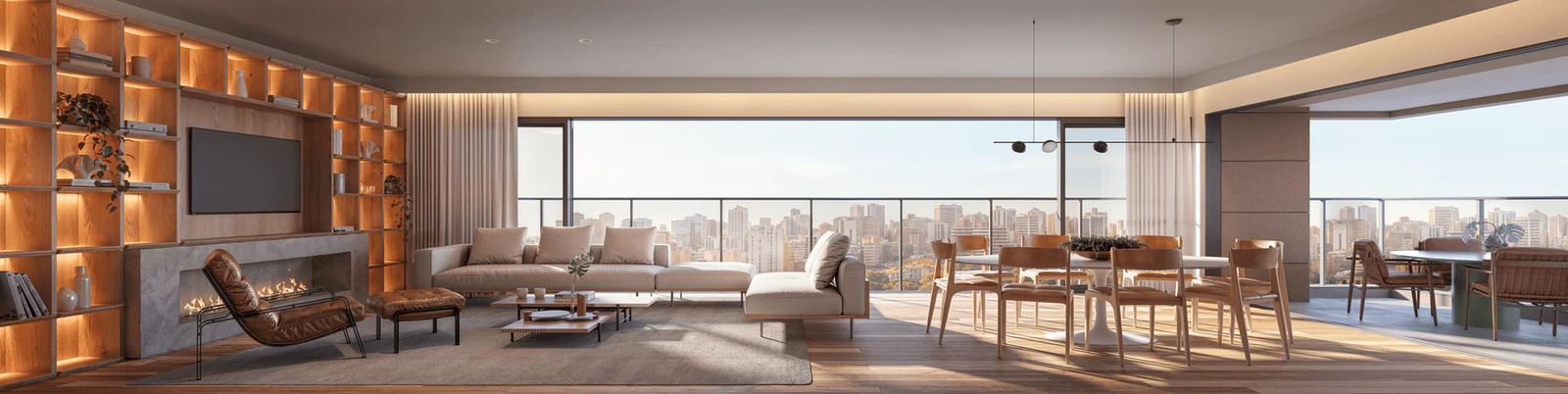 Living com lareira, estar e jantar integrados