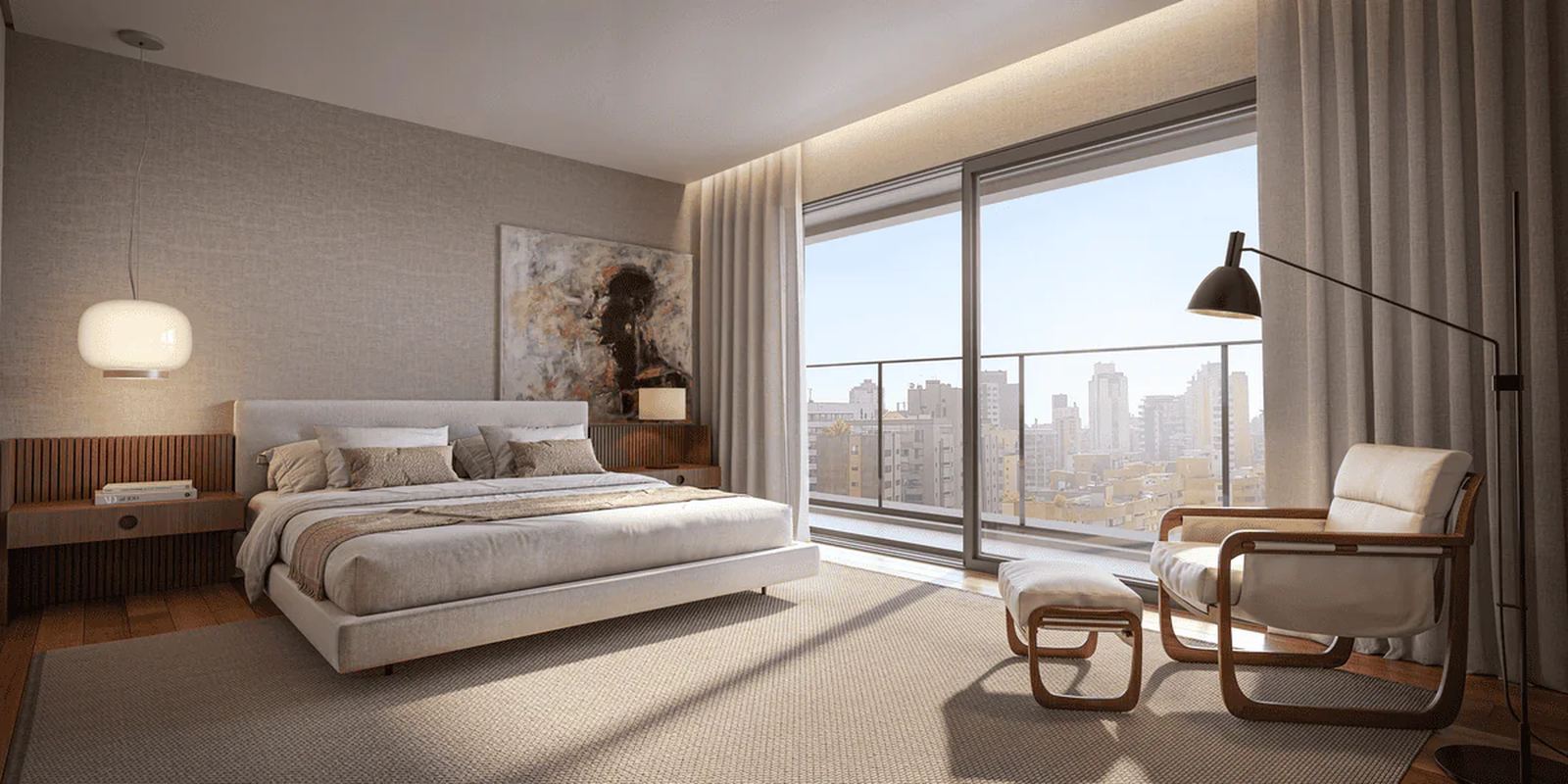 Suíte com cama de casal e vista da cidade
