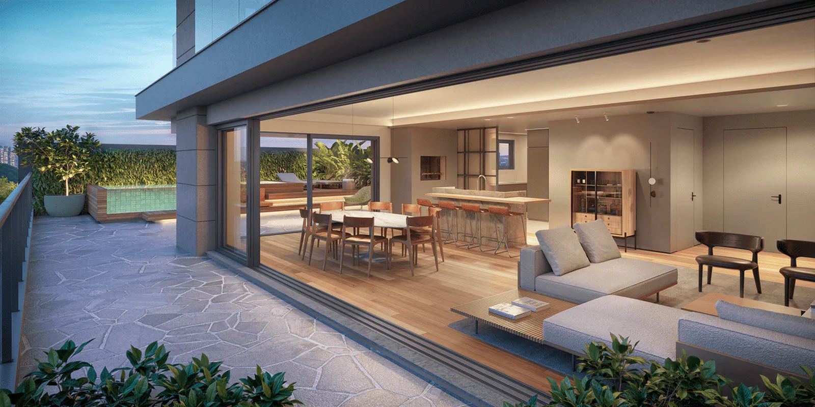 Área gourmet coberta com vista da cidade ao entardecer